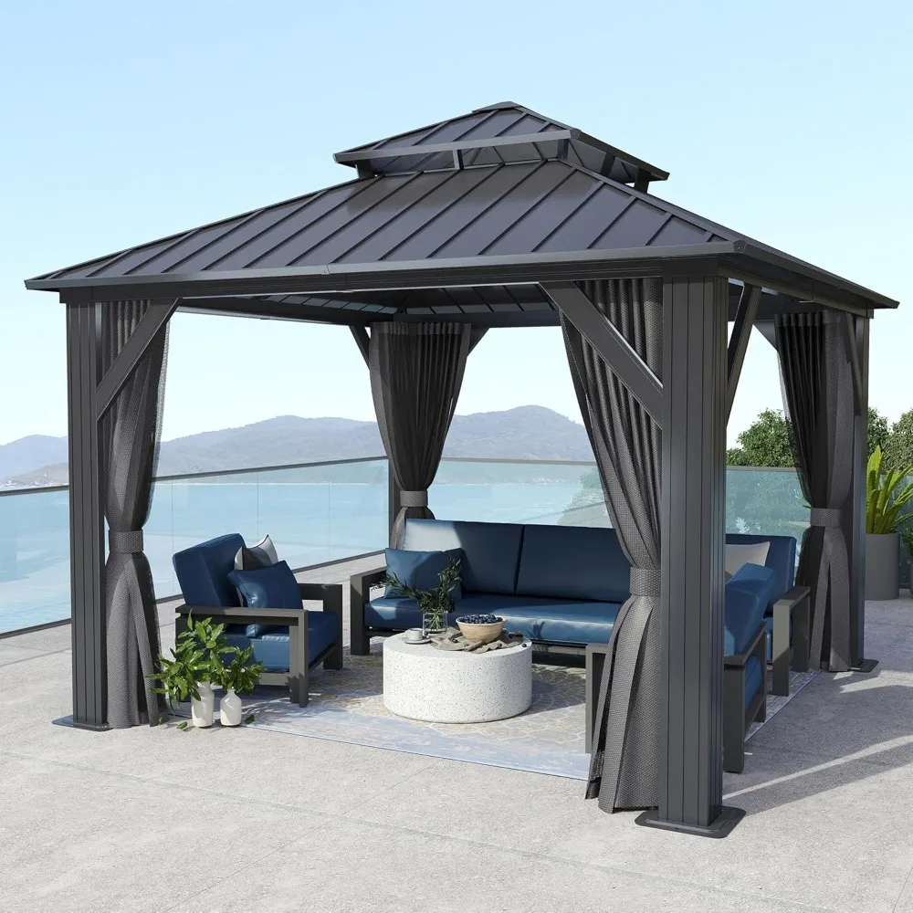 10'x10' Outdoor Gazebo with Double Roof，Galvanized Steel Top Aluminum Frame Gazebo with Breathable Netting & Privacy Curtain