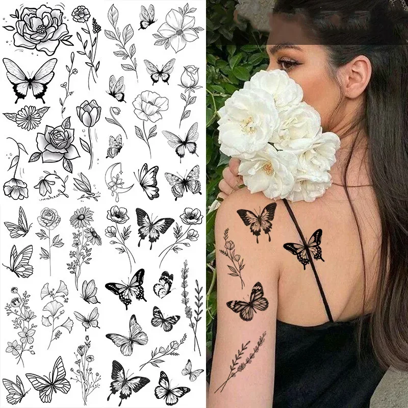 

Butterfly Fake Tattoo for Woman Black Flower Tattoo Sketch Tattoo Sticker Rose Blossom Temporary Waterproof