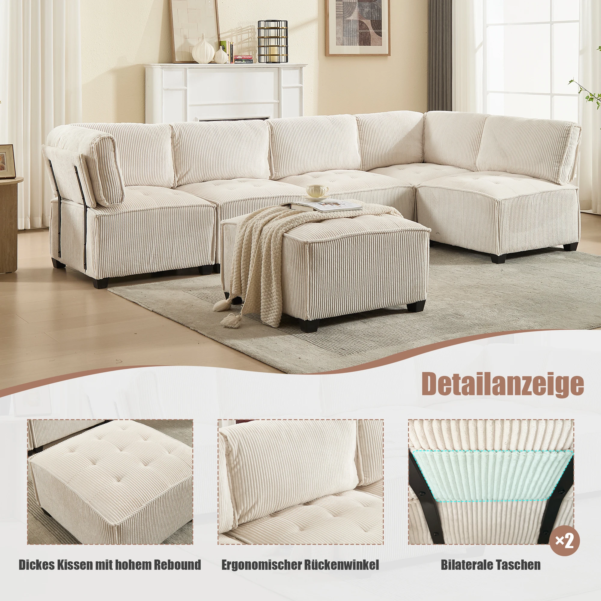 Sofa Modulares 6-Sitzer-Sofa, Kordelstoff, ergonomisch, Aufbewahrungstaschen, flexibel kombiniert als U-Form/L-Form/Sofabett – Detail 1