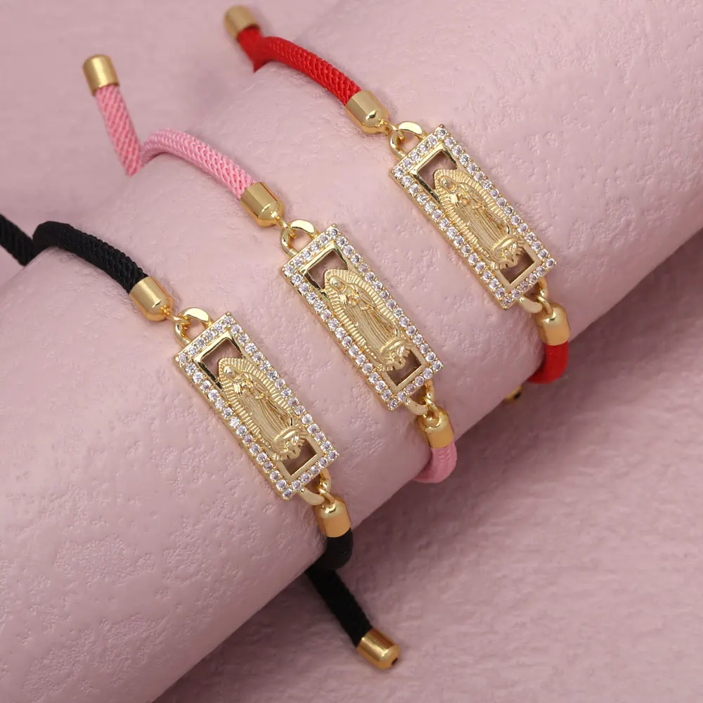 New Design Rectangular Hollow White Zircon Virgin Mary Pull Push Adjustable Red Black Pink Bracelet Women Jewelry