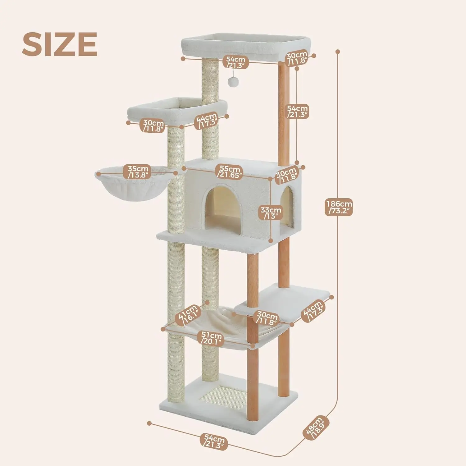 PAWZ Road Large Cat Tree, 73 Inches Wood Cat Tower with 2 Large Padded Perches,2 Spacious Hammocks,8 Long Scratching Posts