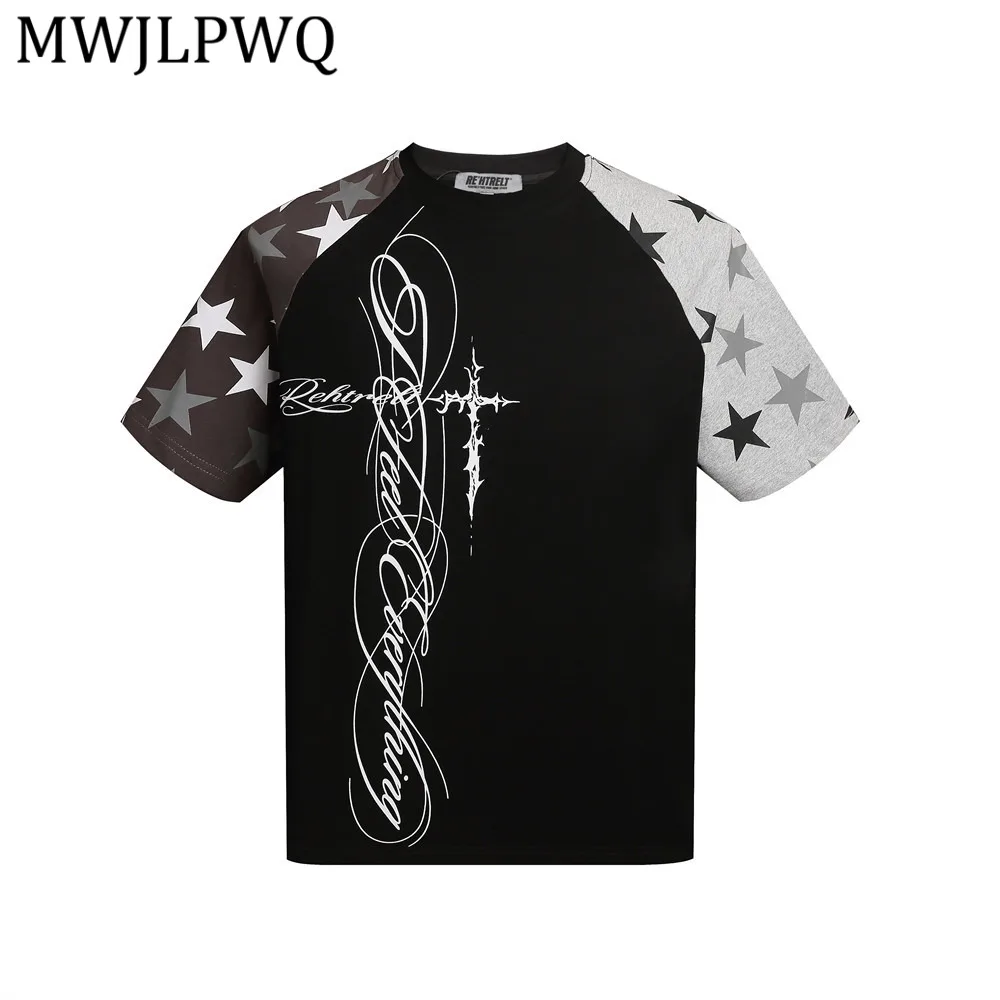 

MWJLPWQ Pattern Contrasting Color Raglan Short-Sleeve T-Shirt Men Trendy Design Personalized Cotton Round-Neck Tops New 16425