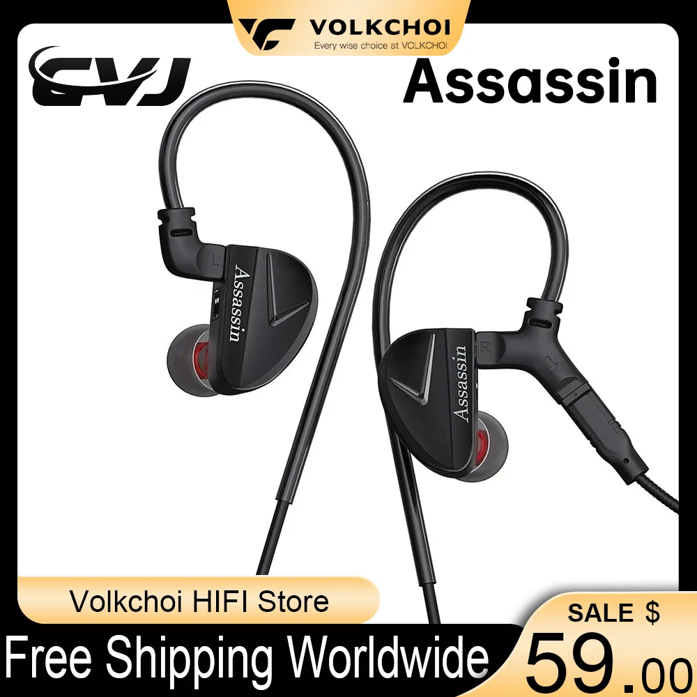 CVJ Assassin In-ear HIFI Earphones 1BA+1DD Hybrid Vibrate Game Headphone Tuning Microphone Switch Wired Earbuds, Sliver, Black