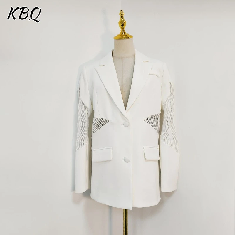 KBQ Hollow Out Chic Spliced Lace Loose  Blazers For Women V Neck Long Sleeve Patchwork Single Breasted Casual Blazer Female New