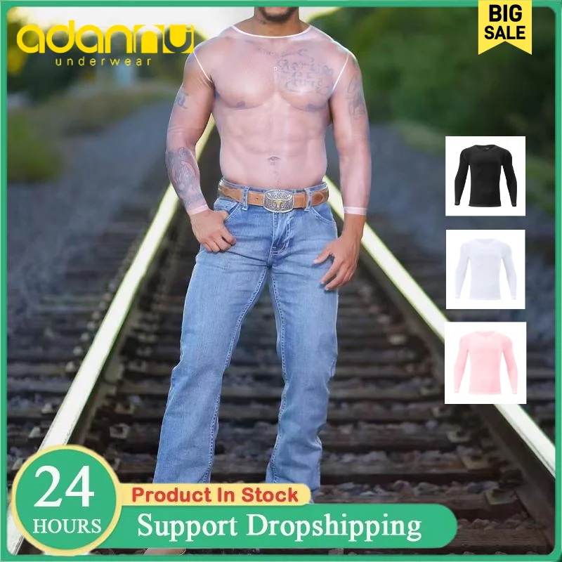 

ADANNU Sexy Transparent Mesh Undershirts Male's Underwear Gay Long Sleeve T-shirts Tops Slim Fitness Gym Bodybuilding Homewear