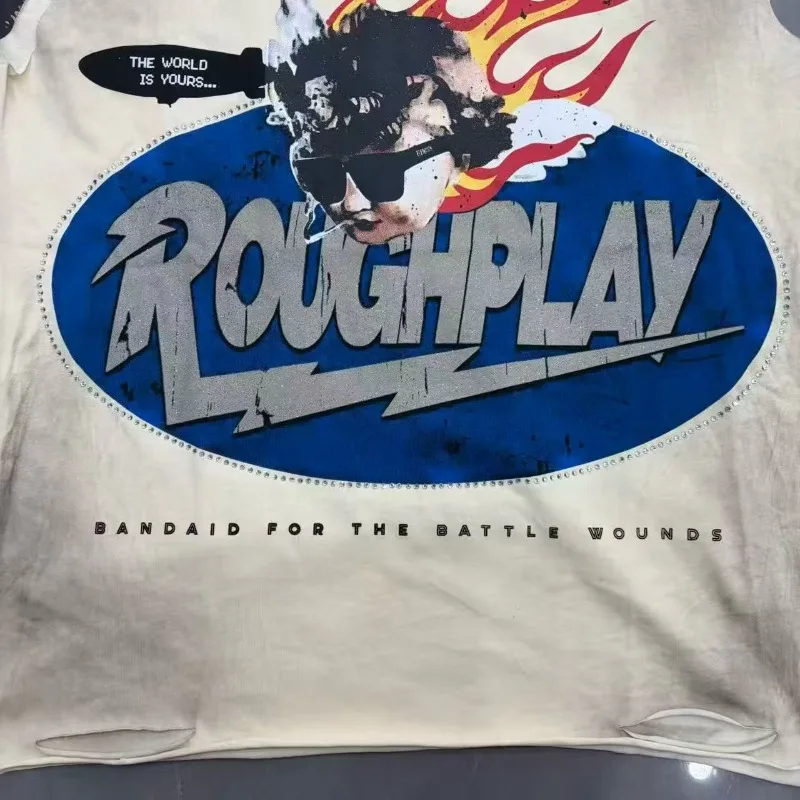 Rough Washed White Oversized T-Shirts American Hip-hop Flame Printing Sleeveless T-shirt