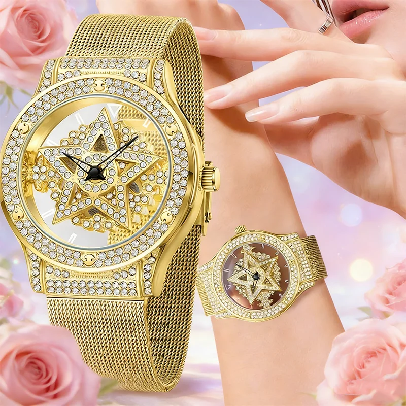 

FOXBOX 2026 Women's Watches Fashionable Large Dial Pentagram Waterproof Watch For Girls Snowflake Rotating Hollow Women's Watch