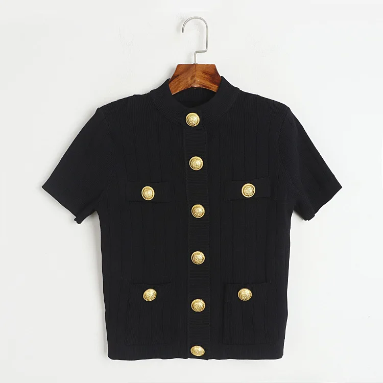 

Весенне-летний новый однобортный однотонный облегающий кардиган с круглым вырезом и короткими рукавами из ледяного шелка для женщин