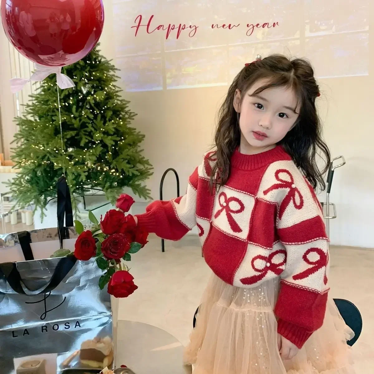 2024 Girls Sweater Thick Loose Childrens Autumn Winter Fashion Knitted Sweater with Bow Top for Girls Red Sweater E5015