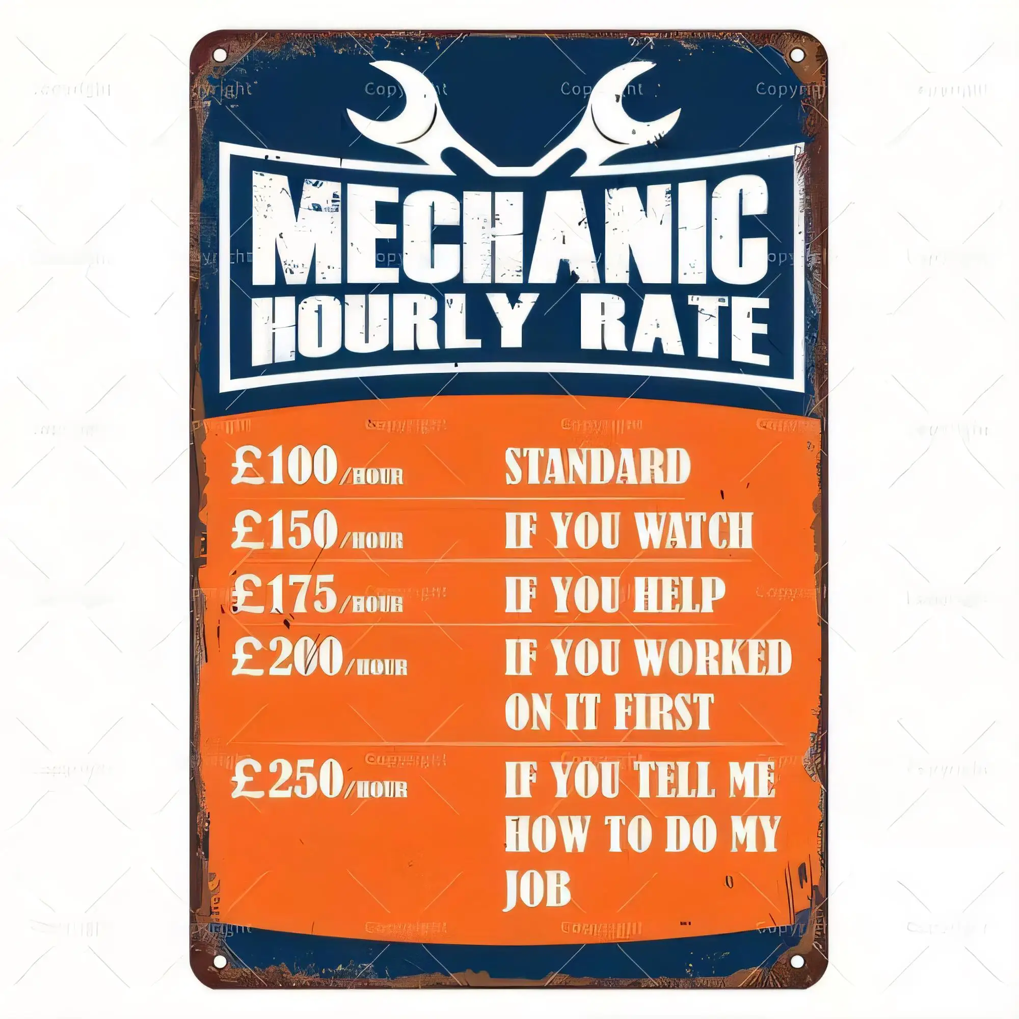 Tin Sign Mechanic Hourly Rate Funny Job Payment Retro Metal Wall Plaque for Garage Workshop Man Cave Decor Home Bar Office Vinta