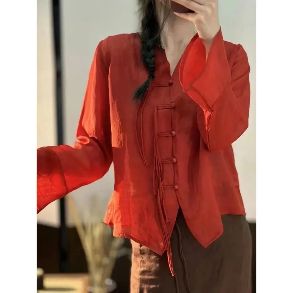 

Women's Vintage Chinese Button irt Long Sve Sun 2025 Ethnic Faion Hanfu Clothing Spring Season New Arrival