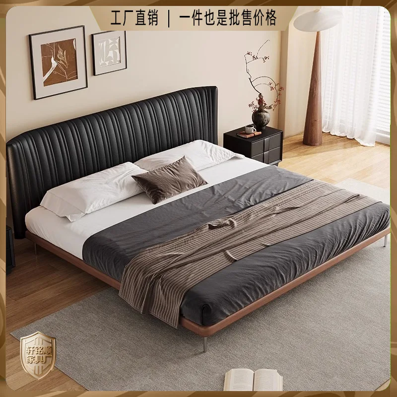 New and ancient style shell solid wood bed Italian minimalist double leather bed modern light luxury simple ultra-thin bedside b