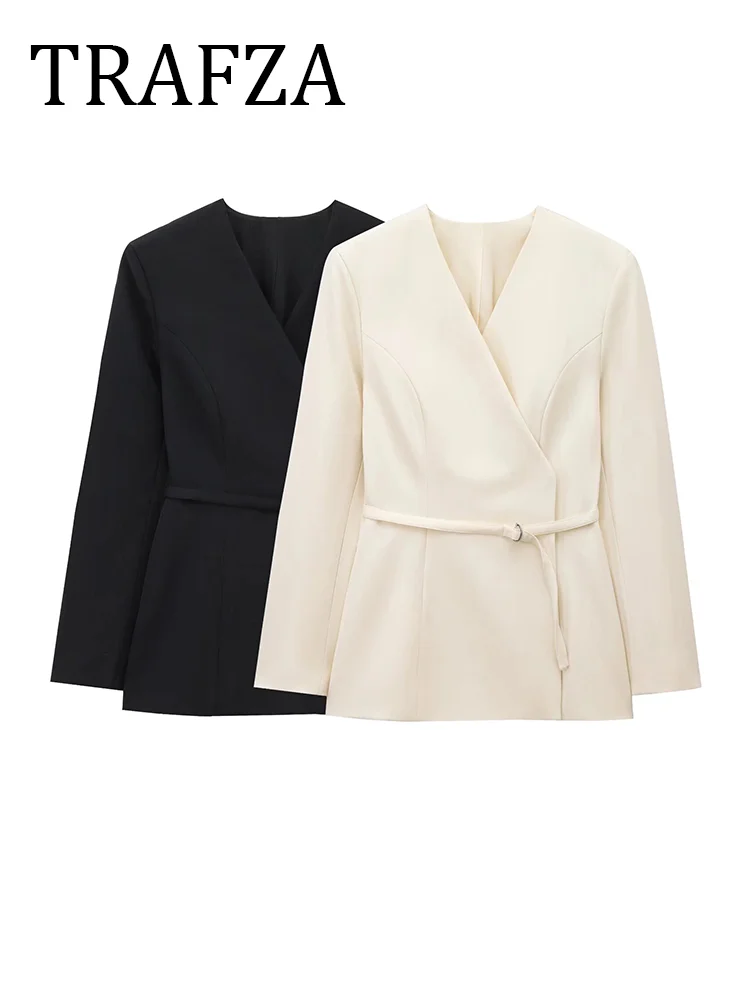 

TRAFZA V-Neck Coat For Women With Belt Blazers Long Sleeve Wrap Outerwears Casual Blazers Coat Top Jacket