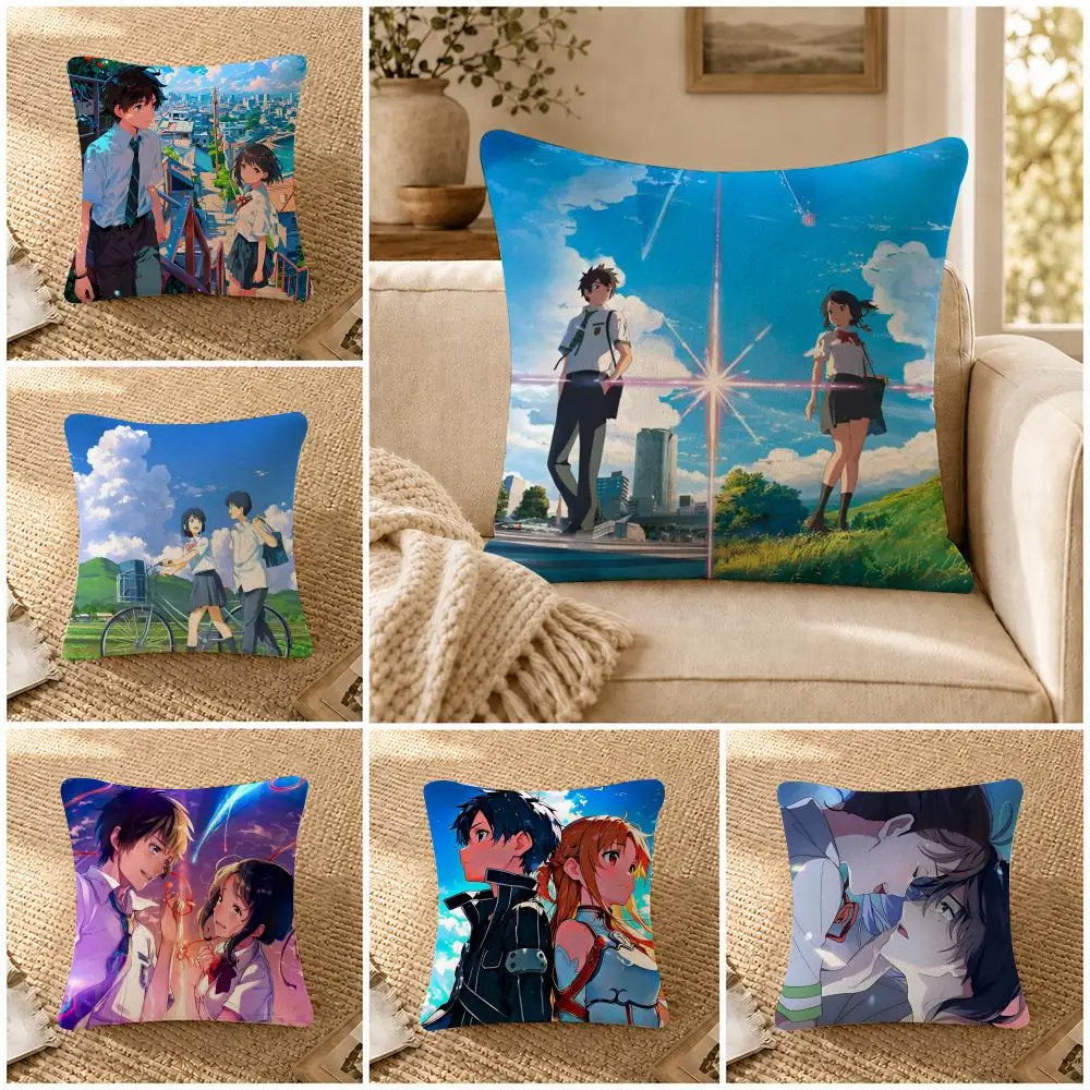 Anime Y-Your N-Name Kimi no N-Na wa Cushion Cover Soft Short Plush Decorative Pillow Cover for Sofa Bedroom Easy to Clean