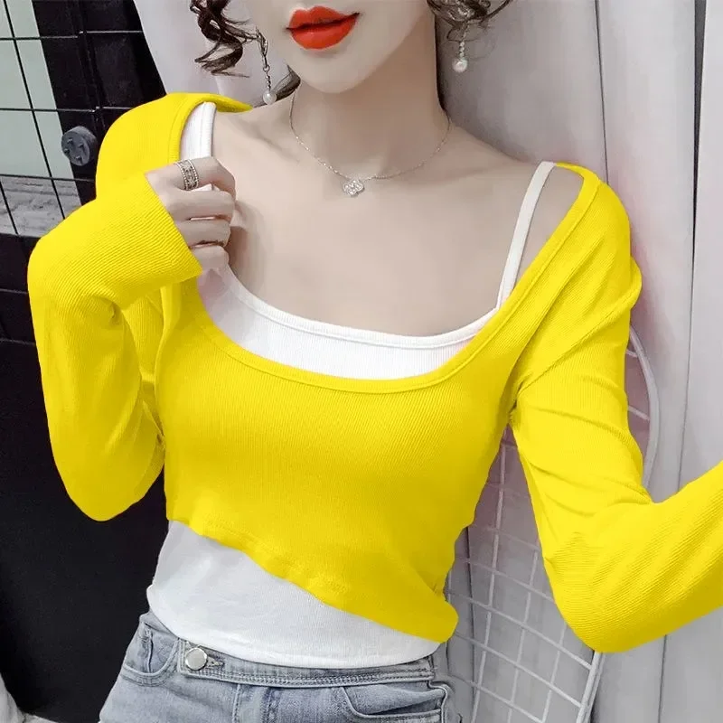 

Women's Yellow and White Two-Piece Top Casual Long-Sleeve Crop Top with Spaghetti Strap Camisole