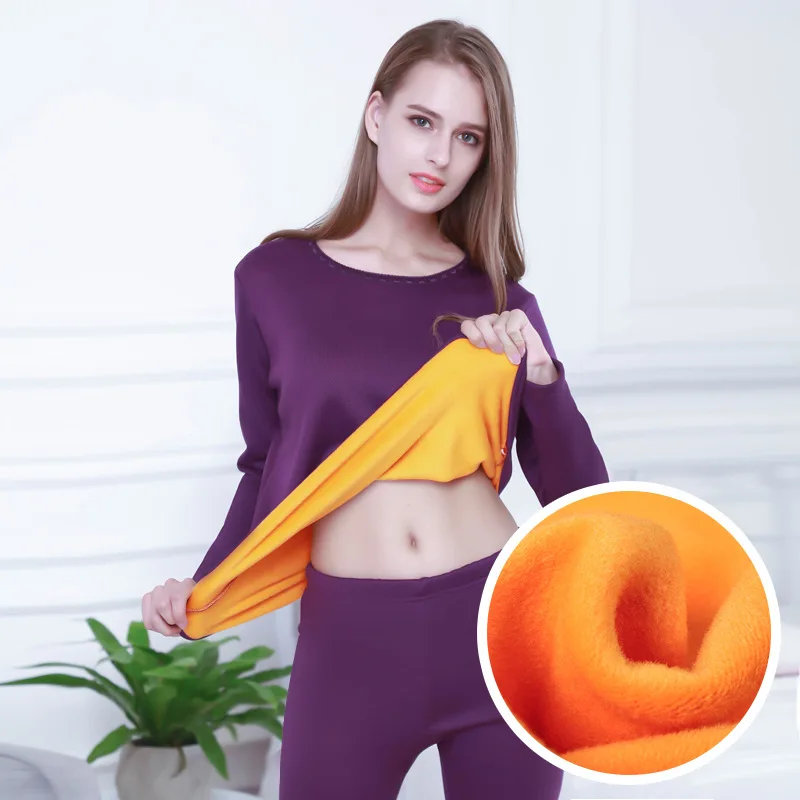 Women\'s Underwear Sets Intimate Thermal Underwear Winter Clothing Gold Color Fleece 2 Pieces Big size from L to 6XL