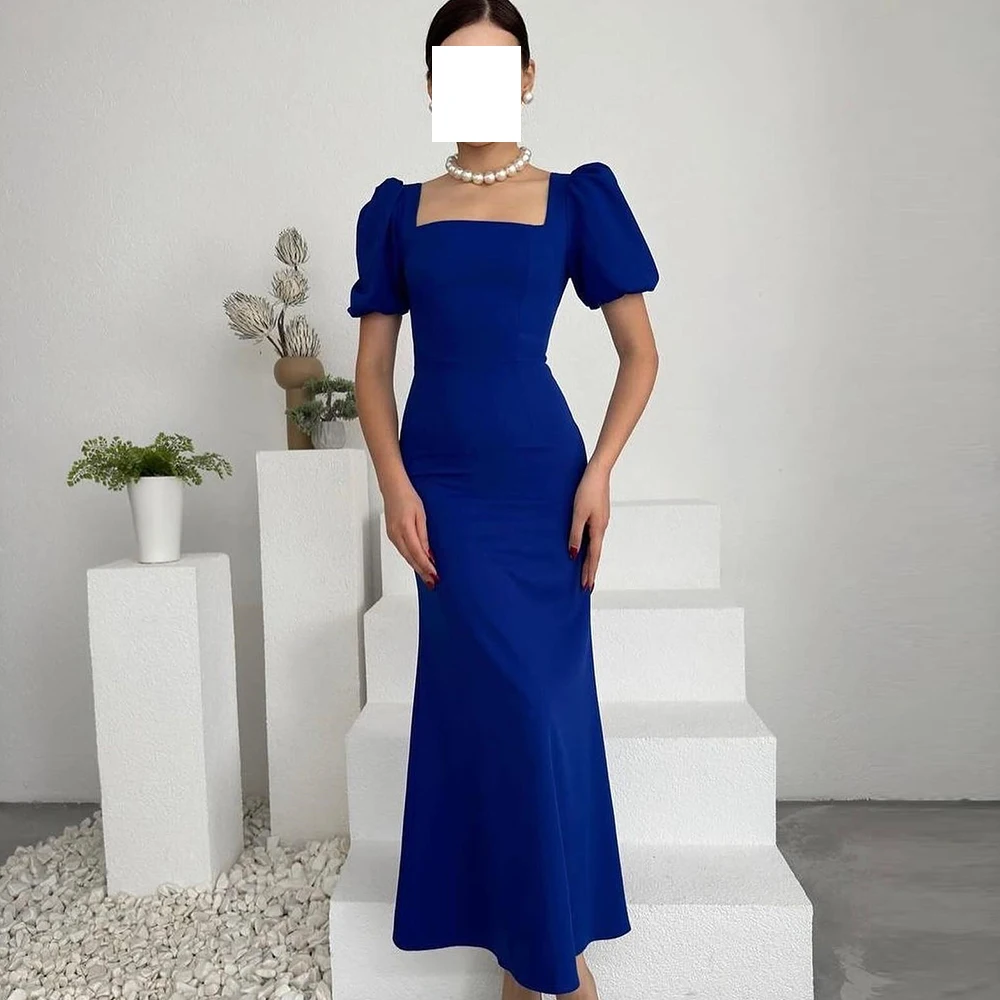 

Exquisite Square Neck Short Sleeve Blue Evening Dress Prom Gowns Ankle Length Jersey Pleats Vestido De Noche Saudi Arabia