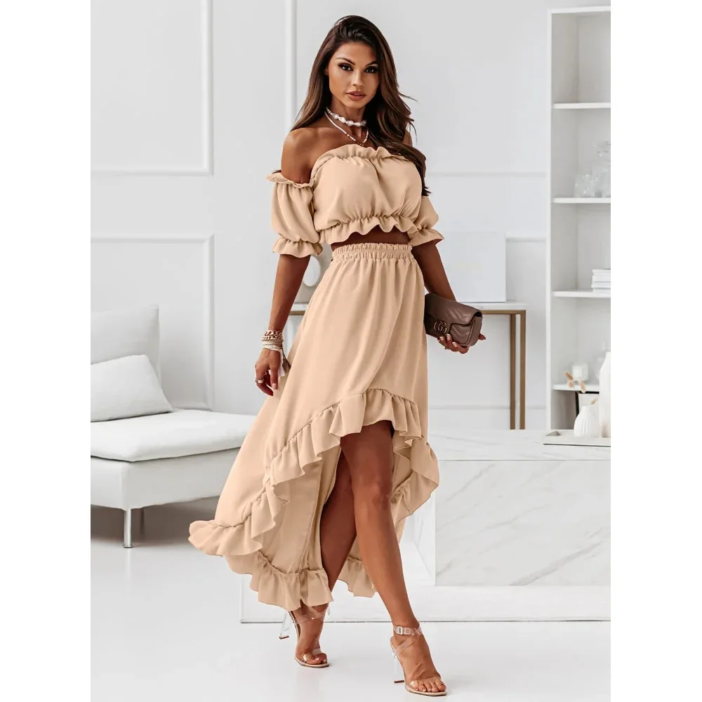 

Women's Solid Color One Line Collar Sexy Waist Revealing Bubble Sleeve Top With Lotus Leaf Skirt Two-Piece Set For Women