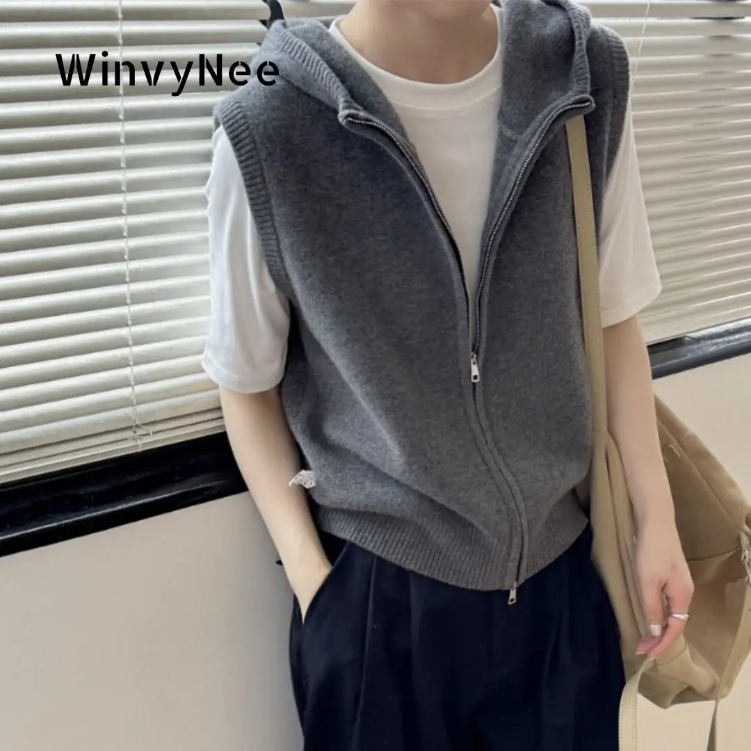

WinvyNee Autunmn Women's Clothing Knitted Merino Wool Vest Coats Hooded Zipper Cardigan Tank Outerwears Tops Sweaters C1113018