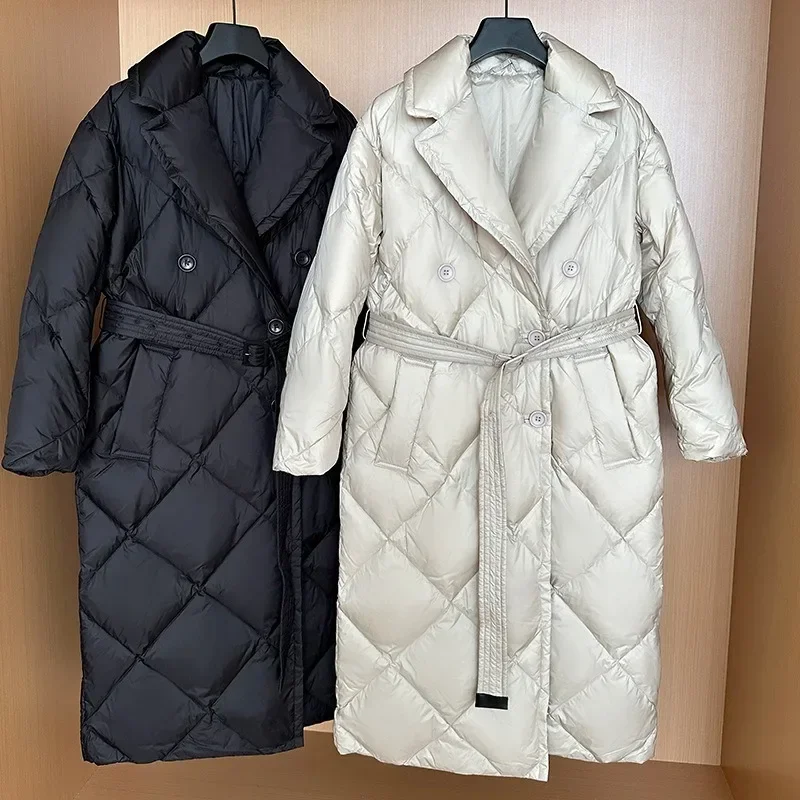 Winter Women Long Double Breasted Coat Turn Down Collar 90% White Duck Down Jacket Rhombic Bathrobe Parkas Windproof Outwear