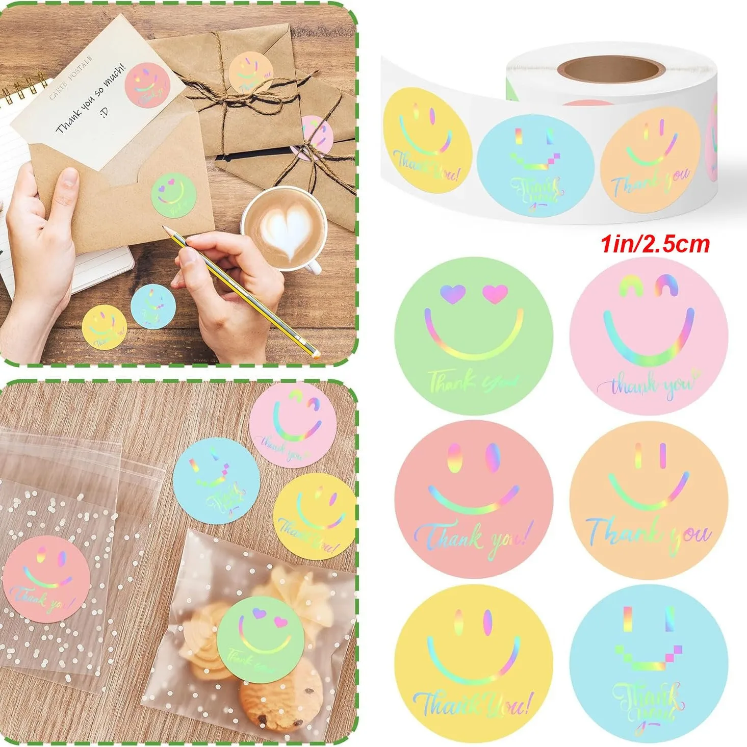 500 Pcs Preppy Smile Stickers Roll Holographic Pastel Happy Face Stickers Positive Motivational Waterproof Self-Adhesive Decals