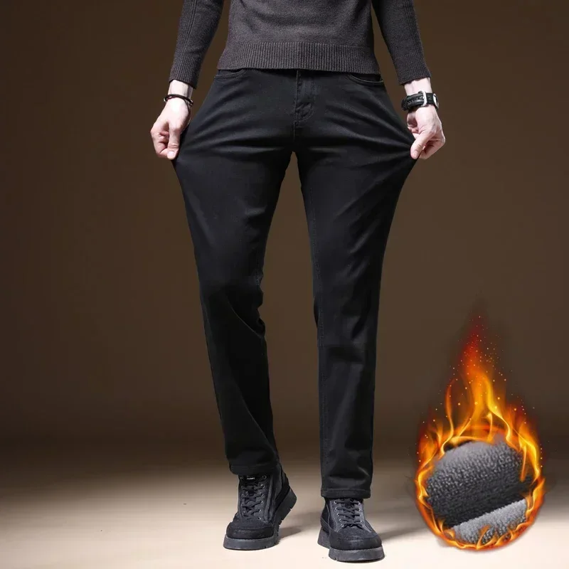 Men's Winter Fleece Jeans Classic Black Elastic Thickened Warm Slim Straight Denim Pants Versatile Fashion Casual Brand Trousers