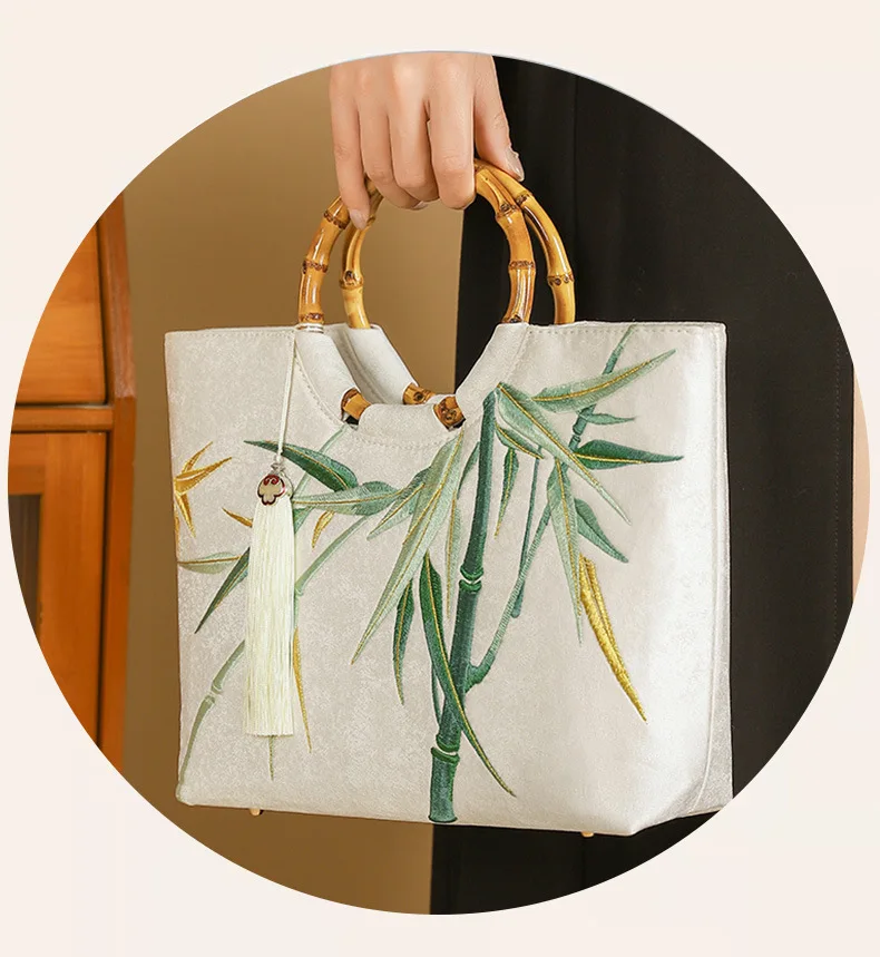 Women Bamboo Embroidery Fringes Big Capacity Fabric Top-handle Tote Bag Vintage Retro Chic Chinese Designer Cottagecore Handbag