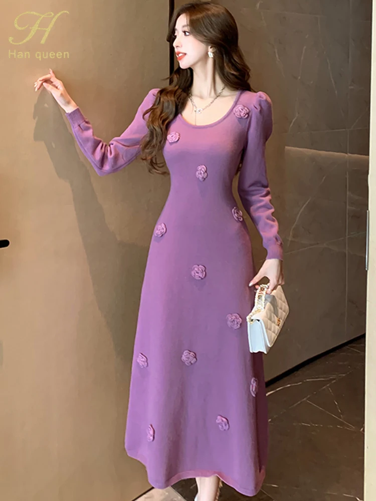 H Han Queen Autumn Winter Fashion Slim A-Line Long Dress Women Stretch Knit Party Office Dresses Basic Vestidos Woman Clothing