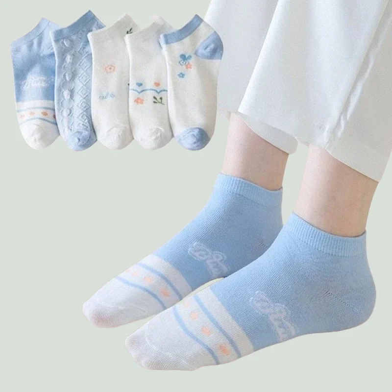 Chaussettes courtes invisibles pour femmes, confortables, respirantes, petites fleurs fraîches, bouche peu profonde, bateau, coupe basse, filles, dames, 5/10 paires