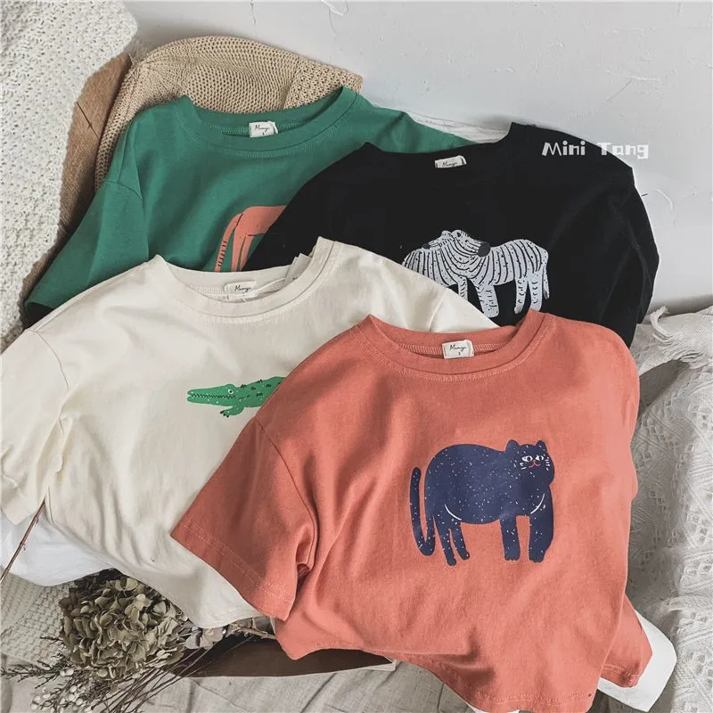 Boys Girls Cartoon T Solid Printing Cute Loose Babies Costume O-neck Pullover Shirt Summer New Simple Fashion T-shirts For Kids