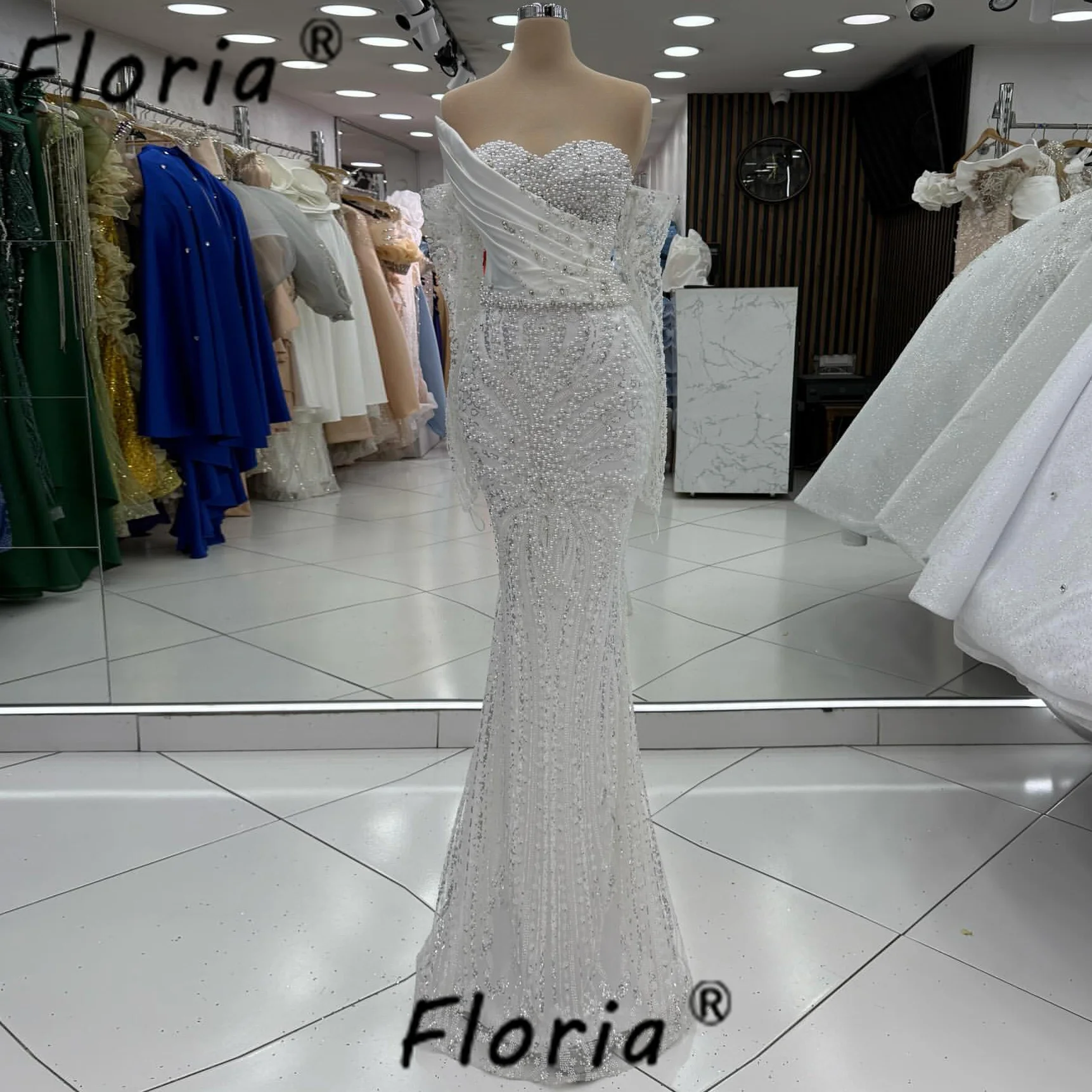 فستان زفاف أبيض فاخر مع ذيل قابل للانفصال لؤلؤ كريستال ساتان حورية البحر رداء حفلات العروس امرأة أفريقية فيستدوس دي غالا #3