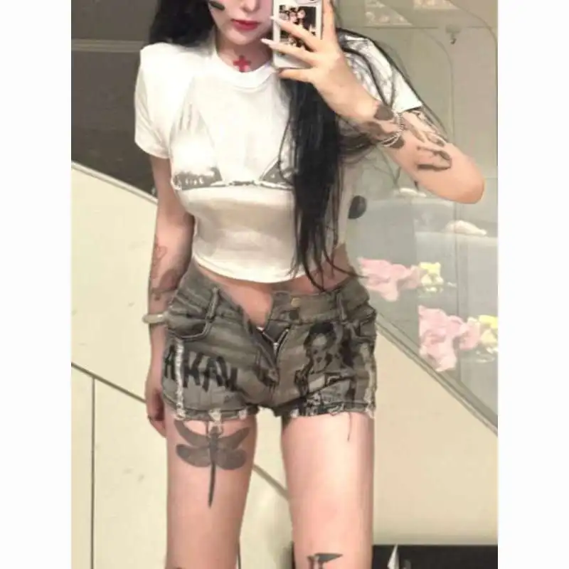 

Women's New Style High Street Elastic Slim Print Retro Hot Girl Low Waist Denim Shorts