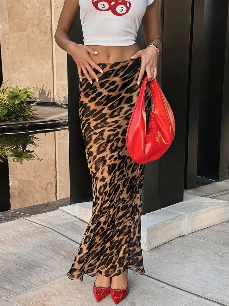 

Elegant Leopard Print Mermaid Skirt for Women 2024 Sumemr Sexy High-waisted A-line Shiny Skirts Slim Office Women's Maxi Skirts