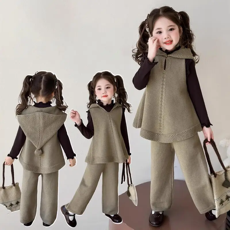 

Girl Vest Coat T-Shirt Pants Three-Piece Set Spring Autumn Sweater Hoodie Student Child Kawaii Fashion Casual Clothing Homewear