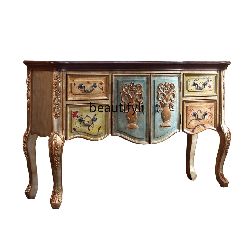 

American Country Solid Wood Distressed Console Living Room Wall Decoration Table Storage Locker Lobby Entrance Cabinet