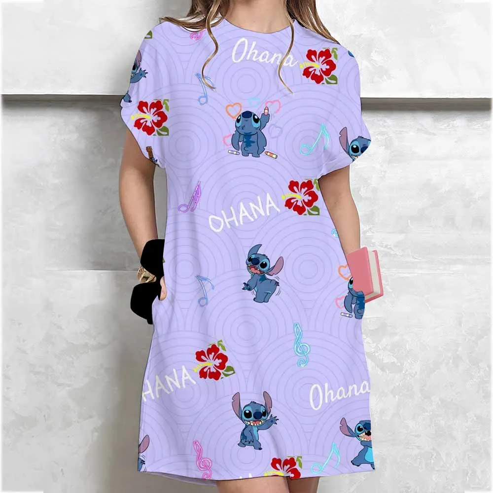 Women's plus size summer Disney Lilo&Stitch printed short sleeved round neck casual T-shirt dress casual sexy dress loose dress