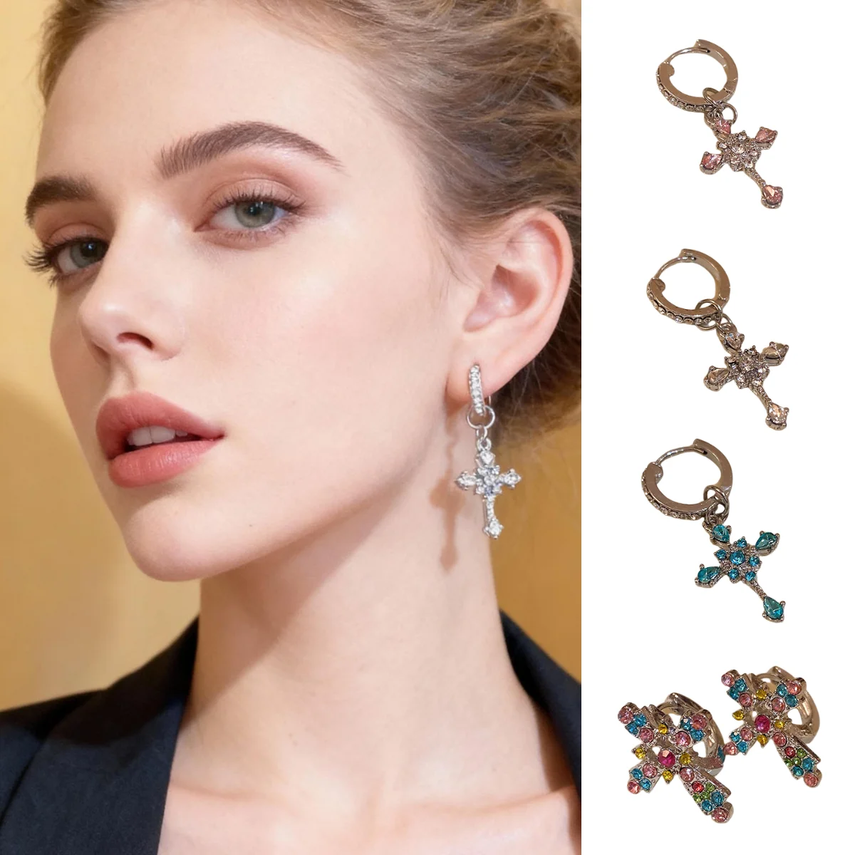

Rhinestone Cross Pendant Stud Earrings Vintage Court Style Fashion Earrings Luxury-inspired Elegant Ear Accessories for Women