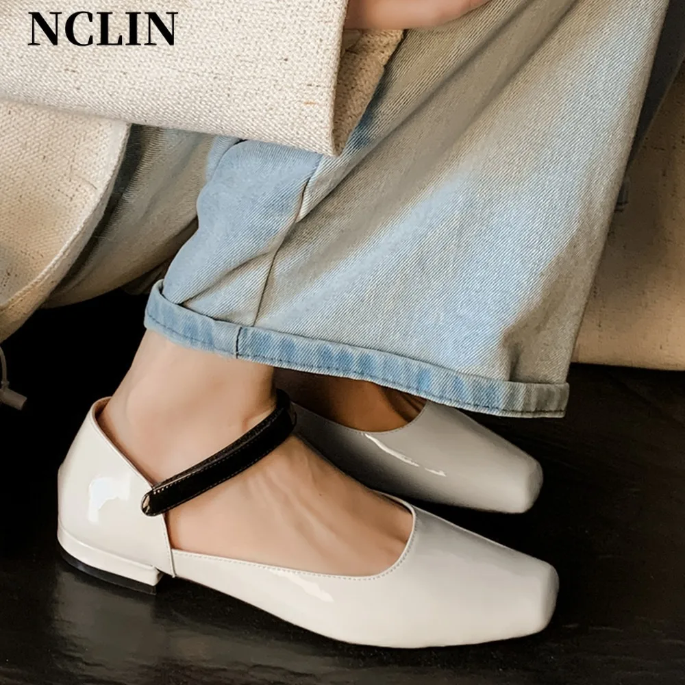 NCLIN Spring Autumn Women Pumps Low Heels Square Toe Genuine Leather Concise Mixed Colors Casual Working Basic Shoes Woman New