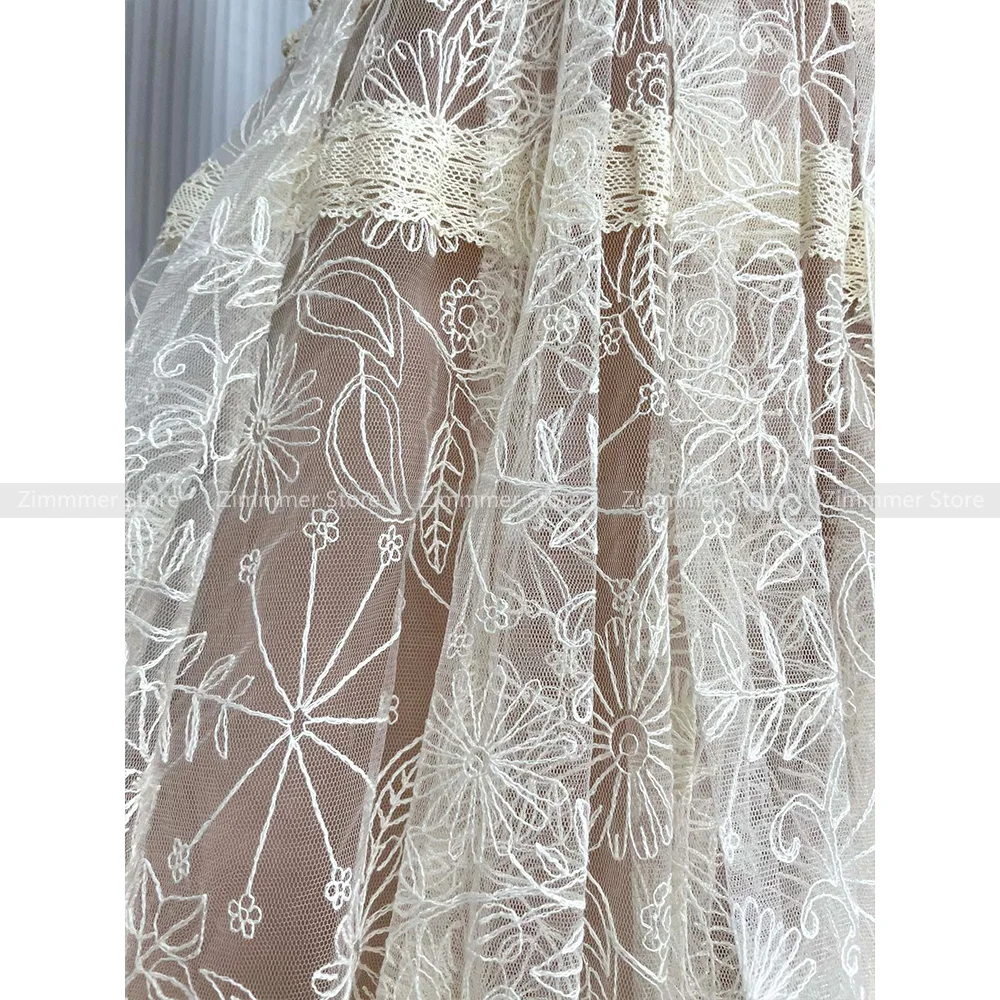 Vietnam niche design heavy lace white small dress embroidered flowers waisted strapless mesh dresses