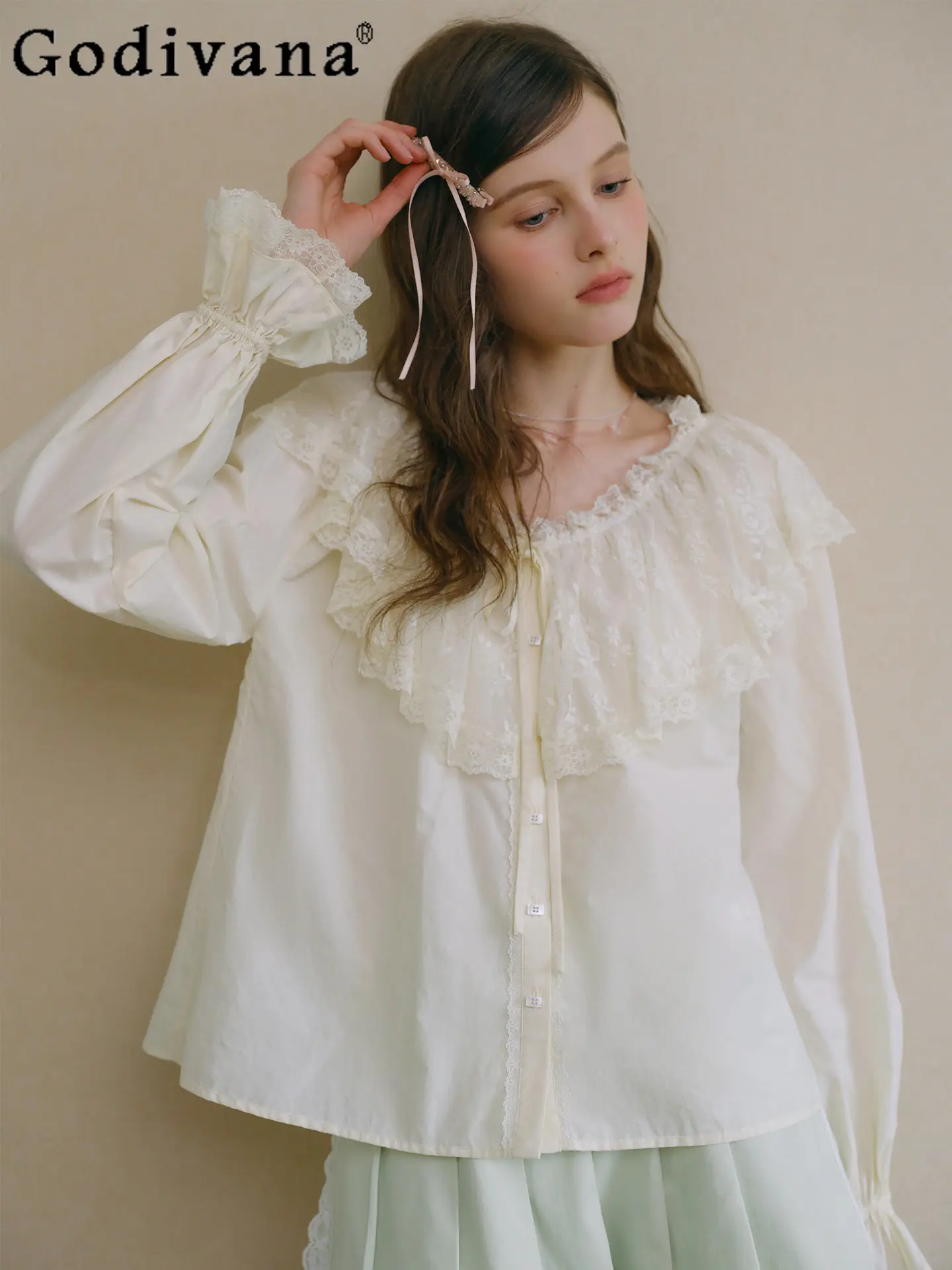 

2026 Spring New Apricot Cotton French Lace Long-sleeve Shirt, Loose Fit, Sweet and Cute Versatile Lantern Sleeves Top for Women