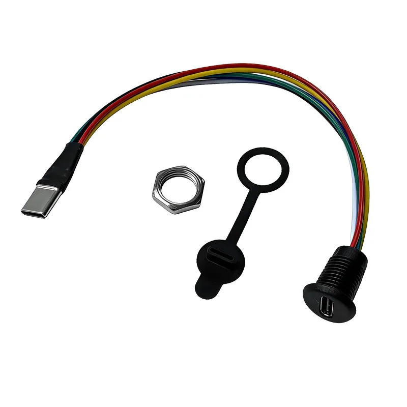 Type C 6Pin 4Pin Female to Male Extension Adapter Threaded Mount PD Fast Charging Data Cable for Car Motorcycle Panel DIY
