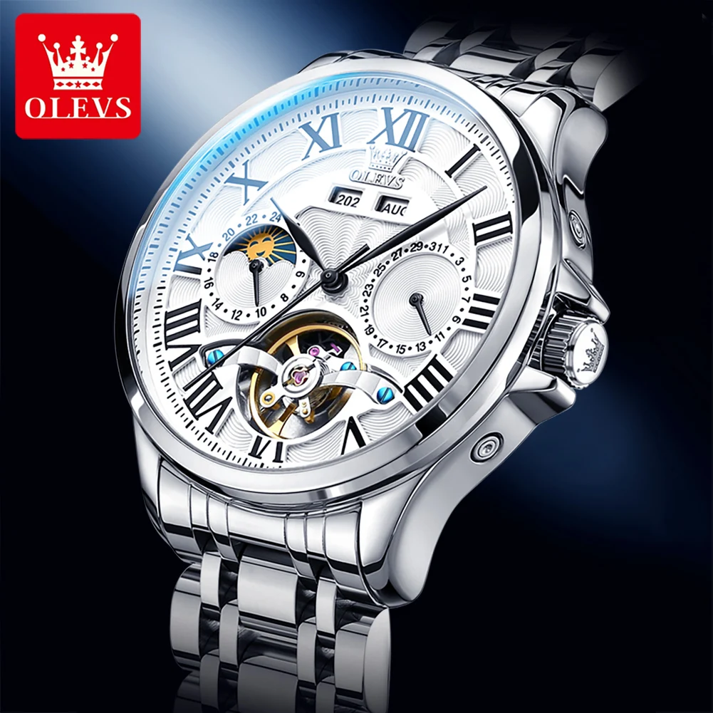 OLEVS Brand Luxury Tourbillon Watch for Men Stainless Steel Waterproof Calendar Fashion Moon Phase Mechanical Watches Mens