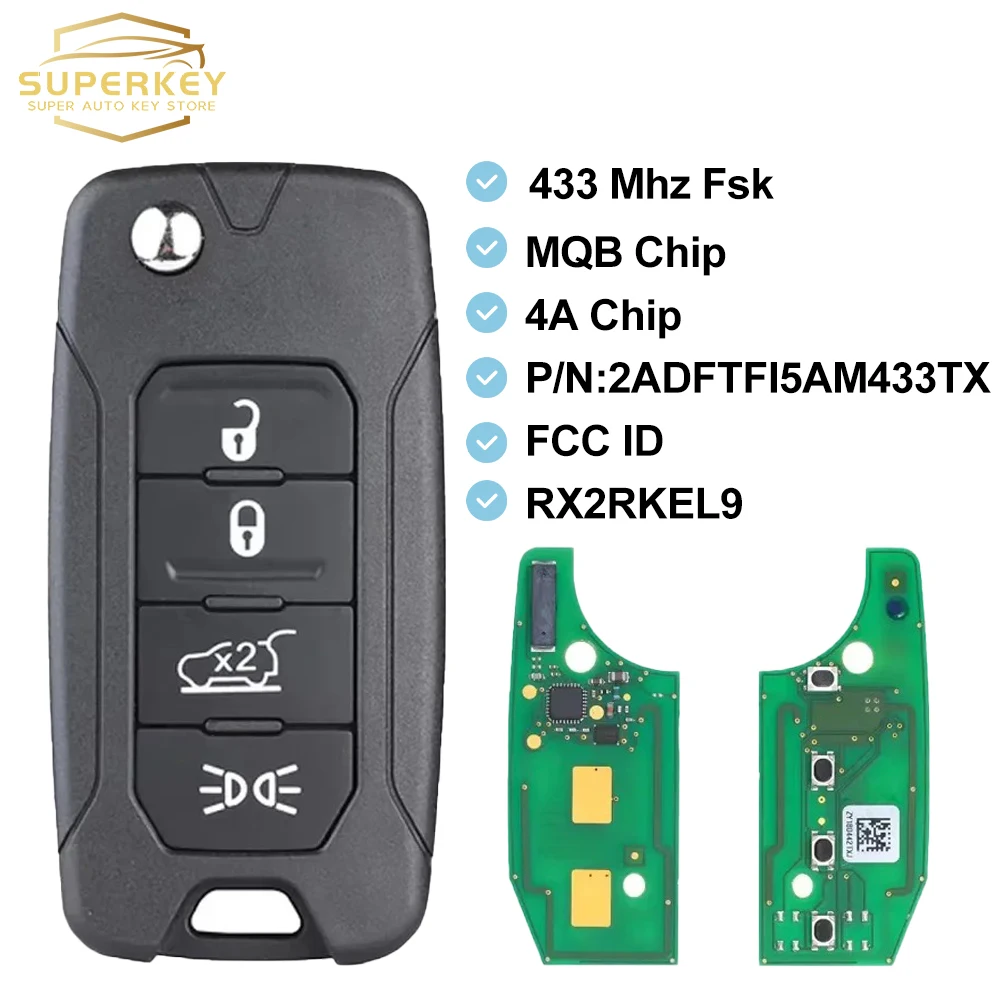Superkey RX2RKEKel9 2ADFTFI5AM 433TX Keyless Remote Flip Key 4A 48Chip 433.92MHz SIP22 Blade for Jeep Renegade 2016-2018