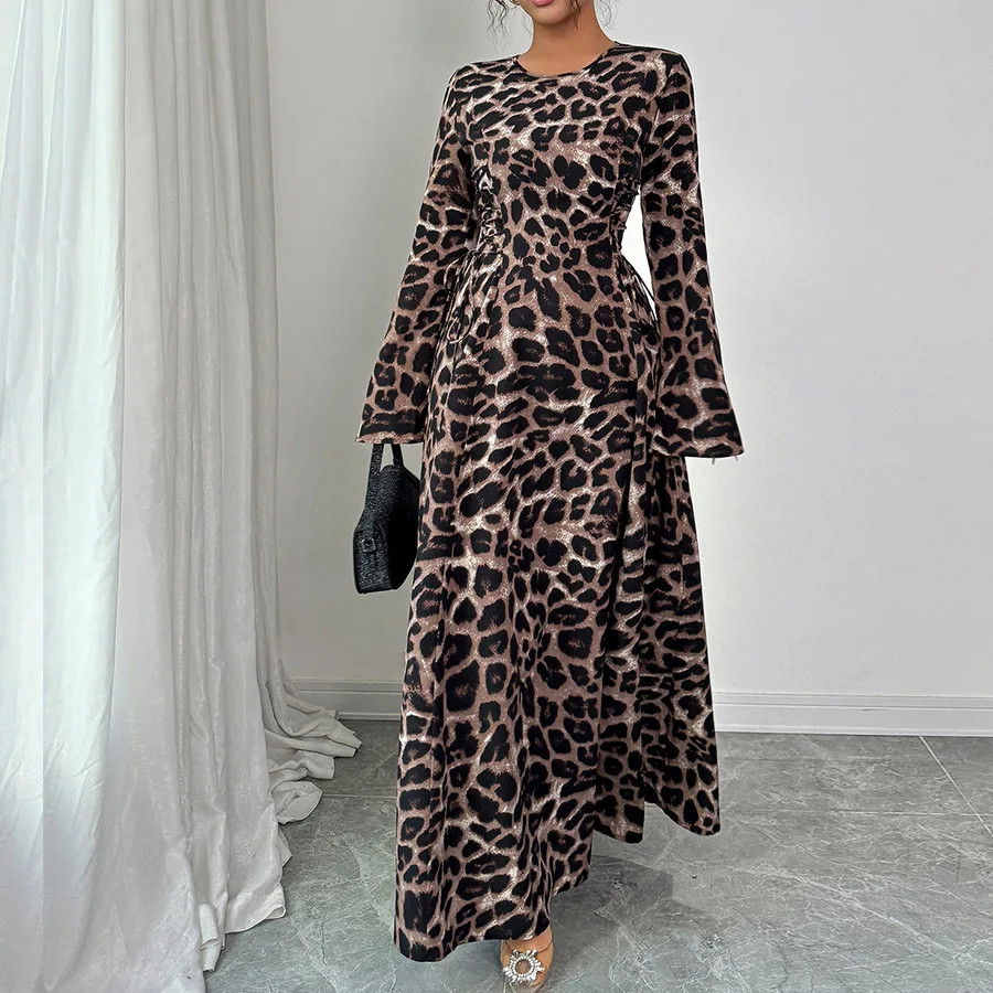 

Женское платье трапециевидной формы с длинными рукавами во французском стиле, элегантные длинные платья с леопардовым принтом, женские вечерние платья с круглым вырезом и высокой талией