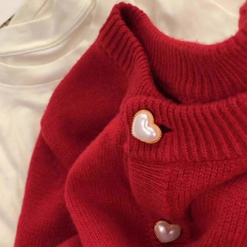 Red Heart Button Cardigans Sweater Women Autumn Winter Loose Single Breasted Coats Casual Solid Female Knitted Sweater