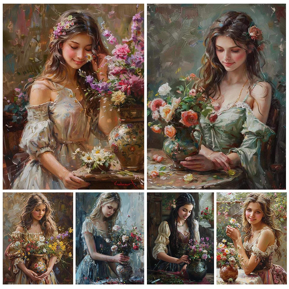 

5D The Flower Girl Diamond Painting Vase Pictures Set 2024 New Collection DIY Full Diamond Mosaic Embroidery Home Decor Art