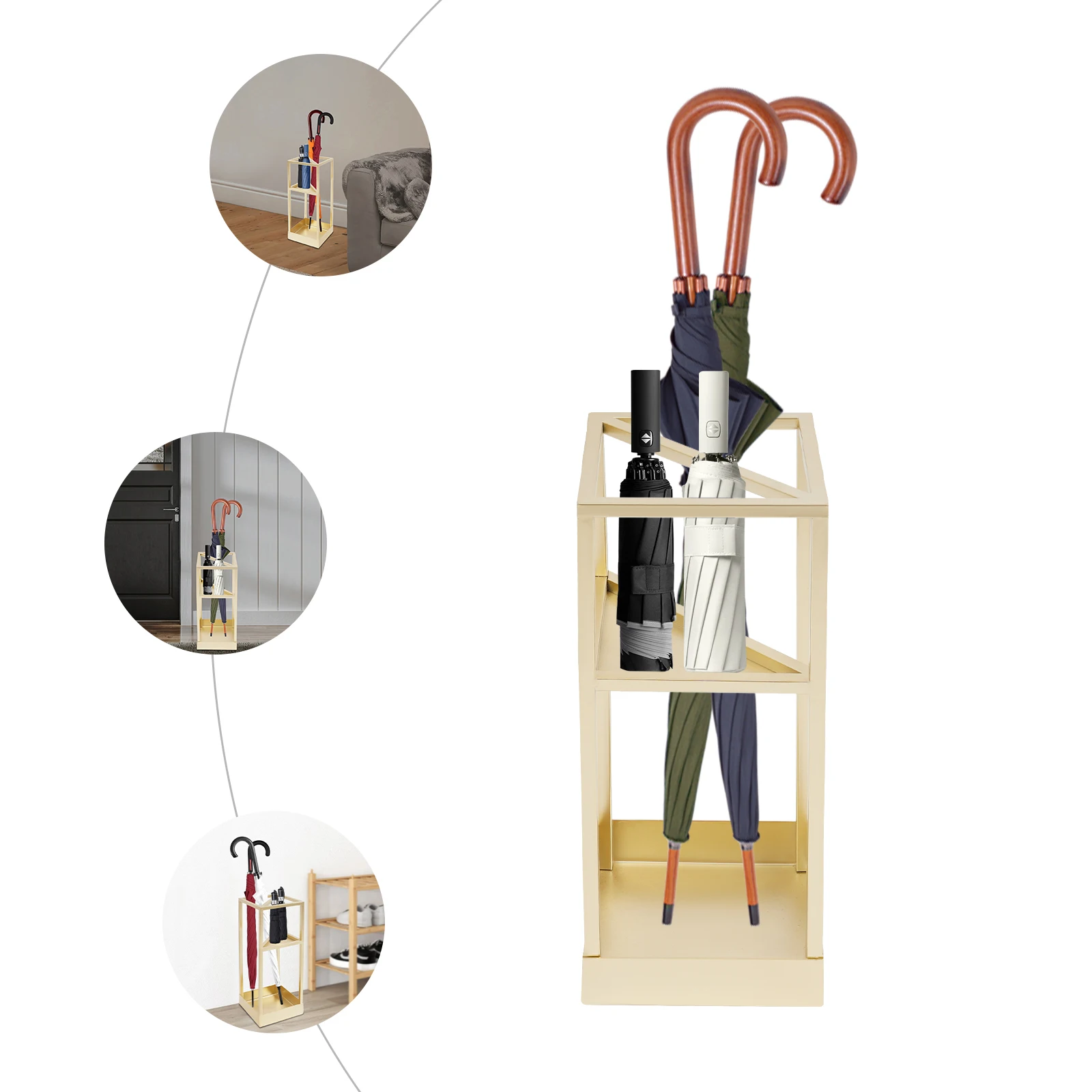 

Golden Umbrella Rack(7.87x7.87x20.87in)—Iron(Welding/Spraying,Anti-Rust), 2-Tier Storage(Triangle Shelf), Drip Tray, No Assembly