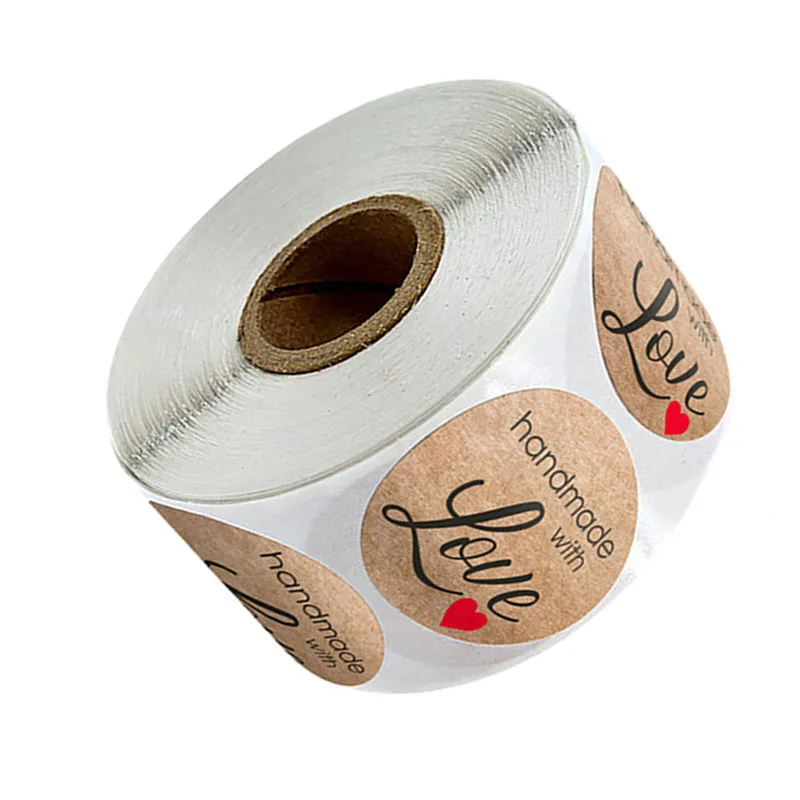 500Pcs/roll 1inch Round Natural Kraft Thank You Sticker Seal Labes Hand Made With Love Sticker Paper Stationery Sticke