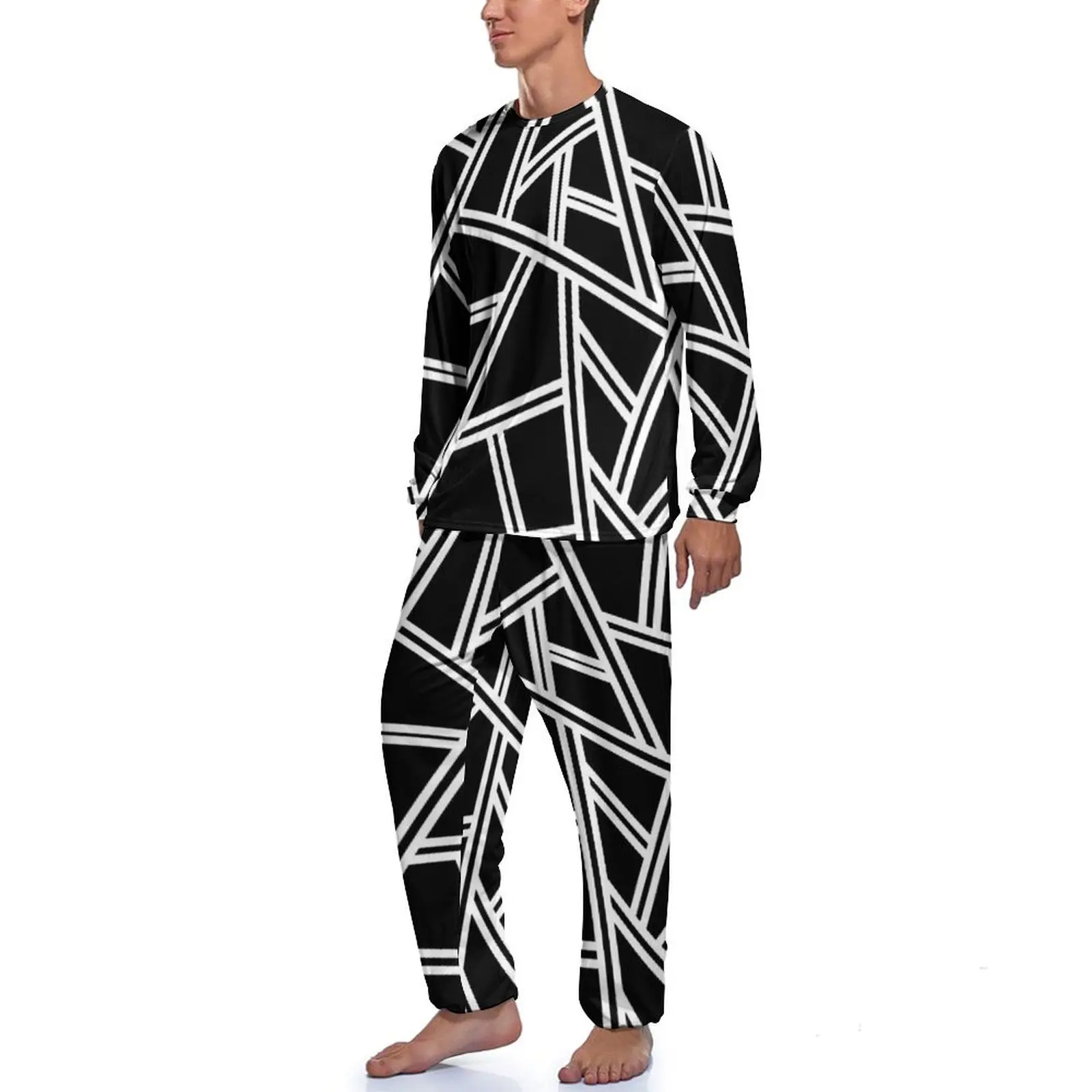 Abstract Geometry Pajamas Autumn Black Lines Print Casual Nightwear Male Two Piece Design Long-Sleeve Fashion Pajamas Set