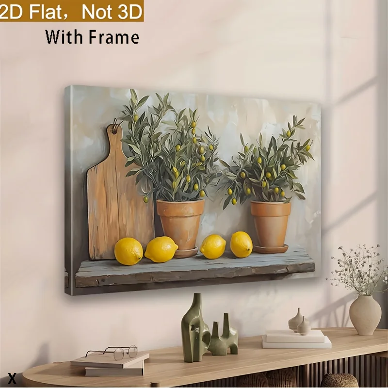 ملصق ديكور بإطار خشبي مسطح ثنائي الأبعاد مع تأثير 2D، لوحة زيتية عتيقة للمطبخ باللون الأصفر والليمون لا تزال الحياة